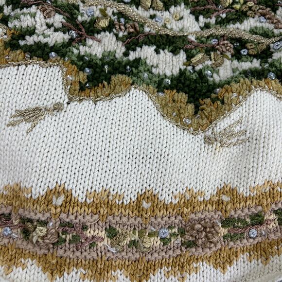 Vintage Christmas Tree Sweater Ivory Neutrals Gold Beaded Embellished by Tiara - Picture 7 of 8